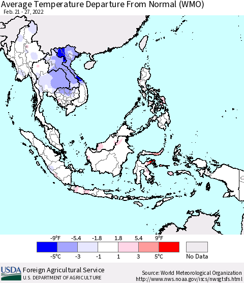 South East Asia Average Temperature Departure from Normal (WMO) Thematic Map For 2/21/2022 - 2/27/2022