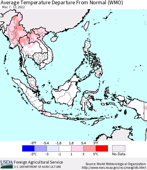 South East Asia Average Temperature Departure from Normal (WMO) Thematic Map For 3/7/2022 - 3/13/2022