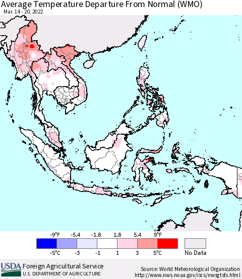 South East Asia Average Temperature Departure from Normal (WMO) Thematic Map For 3/14/2022 - 3/20/2022