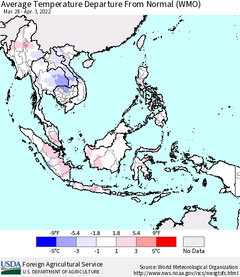 South East Asia Average Temperature Departure from Normal (WMO) Thematic Map For 3/28/2022 - 4/3/2022