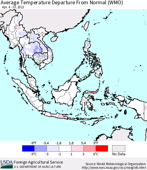 South East Asia Average Temperature Departure from Normal (WMO) Thematic Map For 4/4/2022 - 4/10/2022