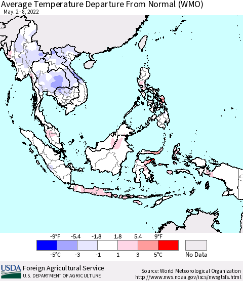 South East Asia Average Temperature Departure from Normal (WMO) Thematic Map For 5/2/2022 - 5/8/2022