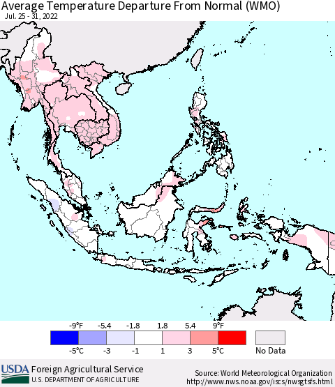 South East Asia Average Temperature Departure from Normal (WMO) Thematic Map For 7/25/2022 - 7/31/2022