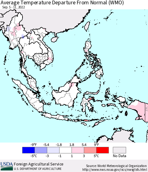 South East Asia Average Temperature Departure from Normal (WMO) Thematic Map For 9/5/2022 - 9/11/2022