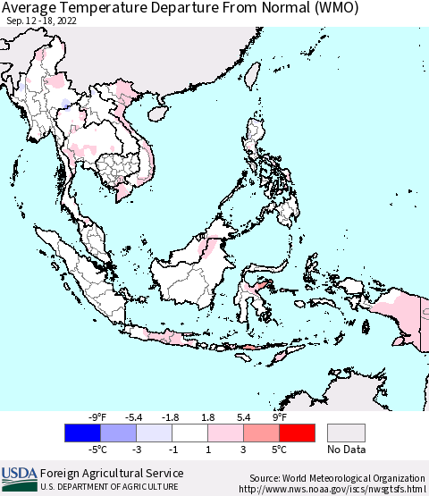 South East Asia Average Temperature Departure from Normal (WMO) Thematic Map For 9/12/2022 - 9/18/2022