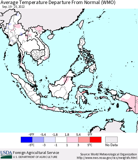 South East Asia Average Temperature Departure from Normal (WMO) Thematic Map For 9/19/2022 - 9/25/2022