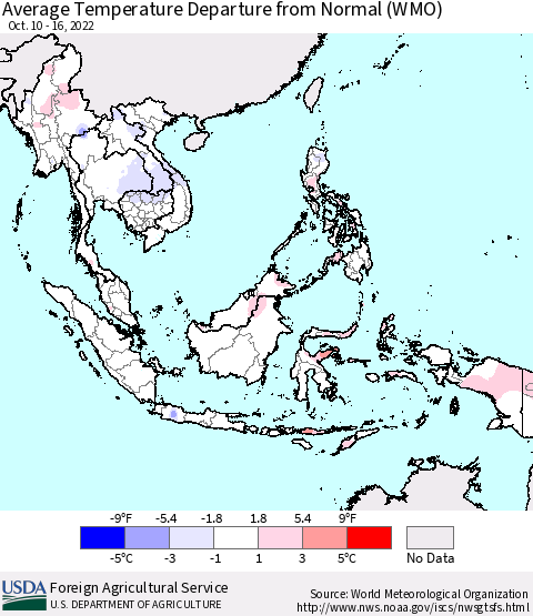 South East Asia Average Temperature Departure from Normal (WMO) Thematic Map For 10/10/2022 - 10/16/2022