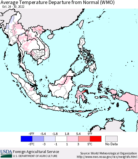 South East Asia Average Temperature Departure from Normal (WMO) Thematic Map For 10/24/2022 - 10/30/2022