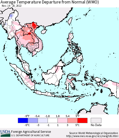 South East Asia Average Temperature Departure from Normal (WMO) Thematic Map For 11/14/2022 - 11/20/2022