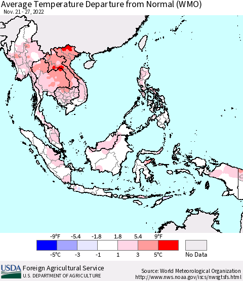 South East Asia Average Temperature Departure from Normal (WMO) Thematic Map For 11/21/2022 - 11/27/2022