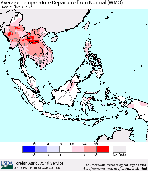 South East Asia Average Temperature Departure from Normal (WMO) Thematic Map For 11/28/2022 - 12/4/2022