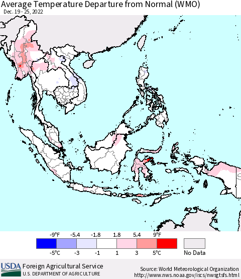 South East Asia Average Temperature Departure from Normal (WMO) Thematic Map For 12/19/2022 - 12/25/2022