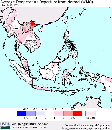 South East Asia Average Temperature Departure from Normal (WMO) Thematic Map For 1/9/2023 - 1/15/2023