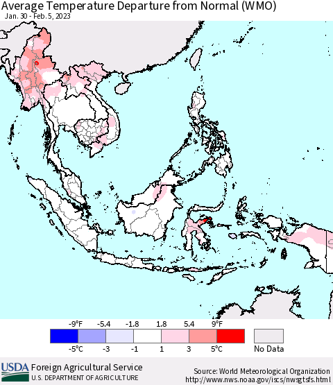 South East Asia Average Temperature Departure from Normal (WMO) Thematic Map For 1/30/2023 - 2/5/2023