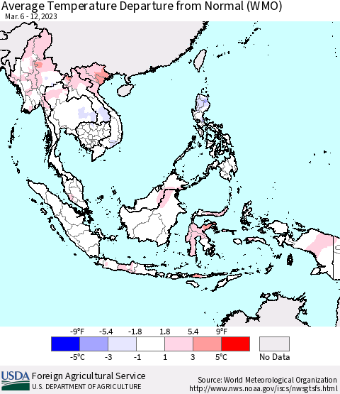 South East Asia Average Temperature Departure from Normal (WMO) Thematic Map For 3/6/2023 - 3/12/2023