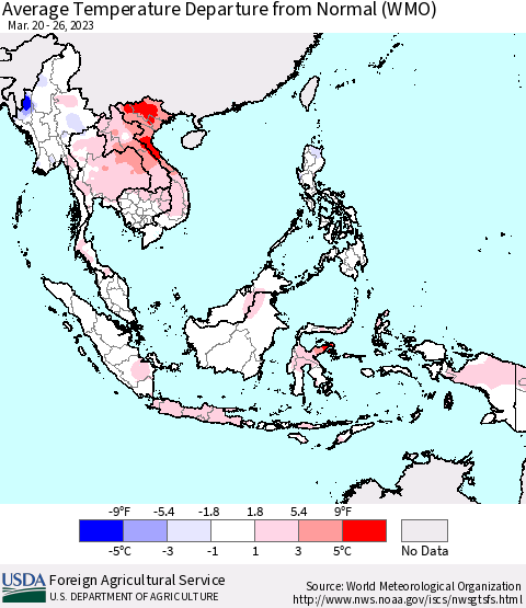 South East Asia Average Temperature Departure from Normal (WMO) Thematic Map For 3/20/2023 - 3/26/2023
