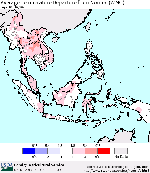 South East Asia Average Temperature Departure from Normal (WMO) Thematic Map For 4/10/2023 - 4/16/2023