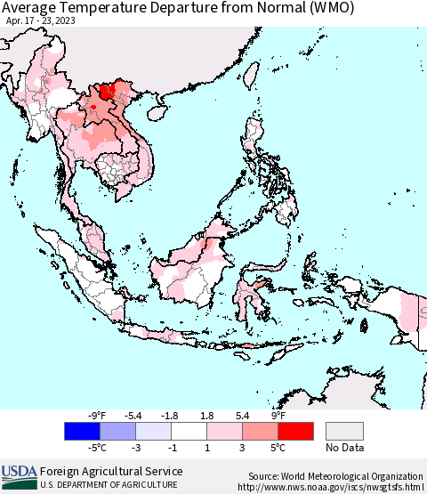 South East Asia Average Temperature Departure from Normal (WMO) Thematic Map For 4/17/2023 - 4/23/2023