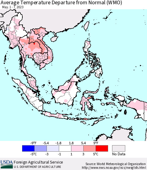 South East Asia Average Temperature Departure from Normal (WMO) Thematic Map For 5/1/2023 - 5/7/2023