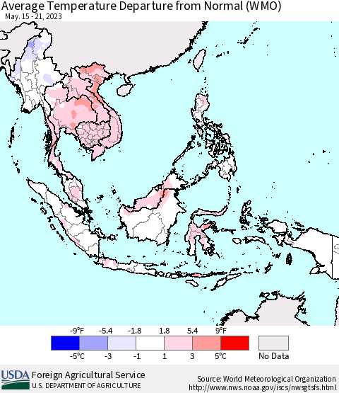 South East Asia Average Temperature Departure from Normal (WMO) Thematic Map For 5/15/2023 - 5/21/2023
