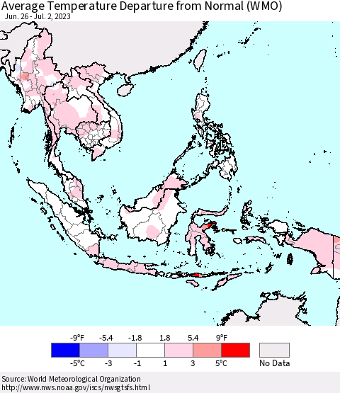 South East Asia Average Temperature Departure from Normal (WMO) Thematic Map For 6/26/2023 - 7/2/2023