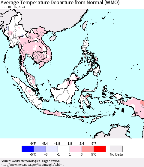 South East Asia Average Temperature Departure from Normal (WMO) Thematic Map For 7/10/2023 - 7/16/2023