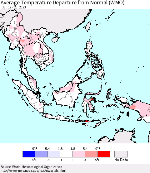 South East Asia Average Temperature Departure from Normal (WMO) Thematic Map For 7/17/2023 - 7/23/2023