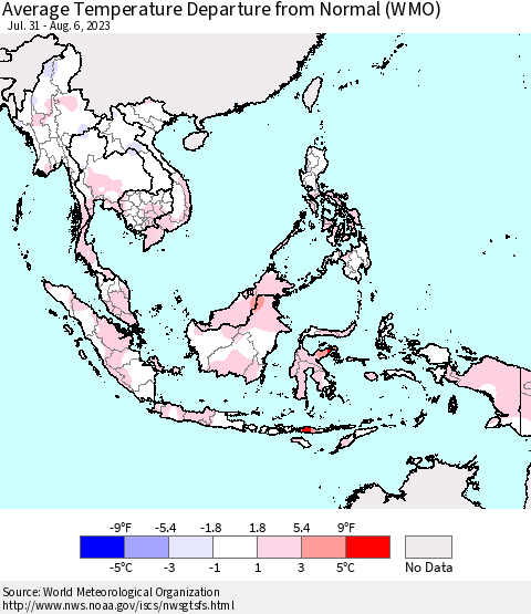 South East Asia Average Temperature Departure from Normal (WMO) Thematic Map For 7/31/2023 - 8/6/2023