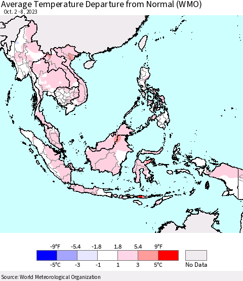 South East Asia Average Temperature Departure from Normal (WMO) Thematic Map For 10/2/2023 - 10/8/2023