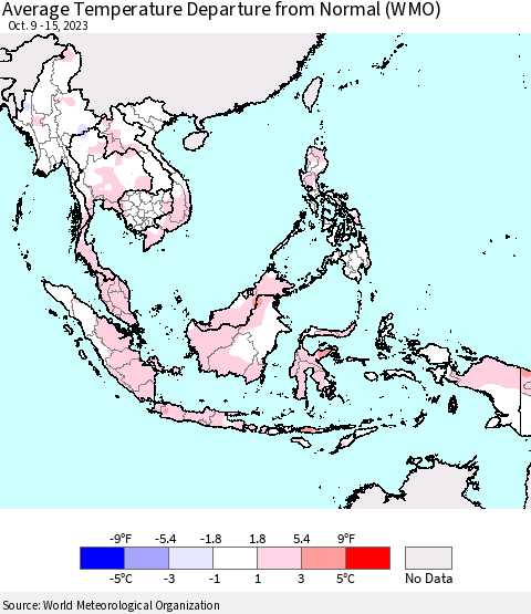 South East Asia Average Temperature Departure from Normal (WMO) Thematic Map For 10/9/2023 - 10/15/2023