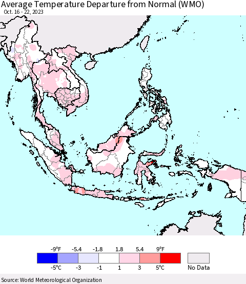 South East Asia Average Temperature Departure from Normal (WMO) Thematic Map For 10/16/2023 - 10/22/2023