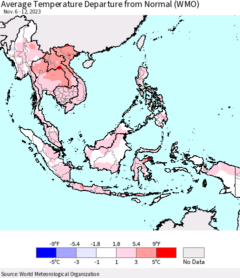 South East Asia Average Temperature Departure from Normal (WMO) Thematic Map For 11/6/2023 - 11/12/2023