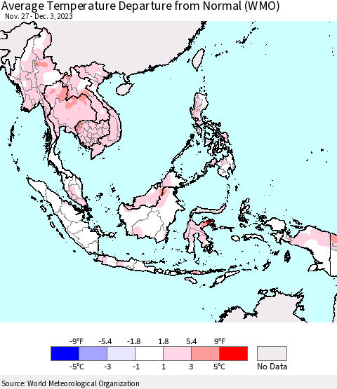South East Asia Average Temperature Departure from Normal (WMO) Thematic Map For 11/27/2023 - 12/3/2023