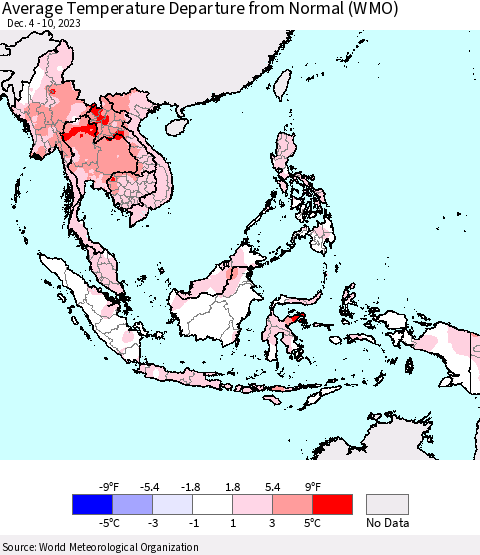 South East Asia Average Temperature Departure from Normal (WMO) Thematic Map For 12/4/2023 - 12/10/2023