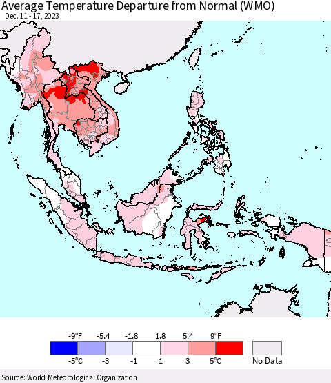 South East Asia Average Temperature Departure from Normal (WMO) Thematic Map For 12/11/2023 - 12/17/2023