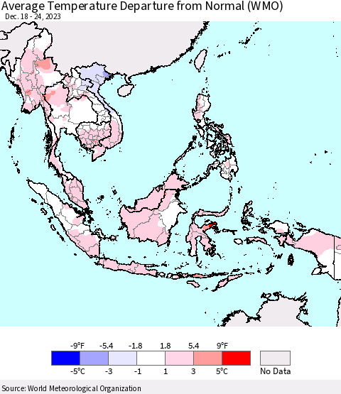 South East Asia Average Temperature Departure from Normal (WMO) Thematic Map For 12/18/2023 - 12/24/2023