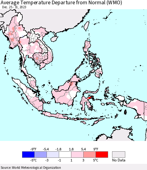 South East Asia Average Temperature Departure from Normal (WMO) Thematic Map For 12/25/2023 - 12/31/2023