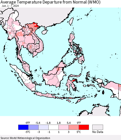 South East Asia Average Temperature Departure from Normal (WMO) Thematic Map For 1/1/2024 - 1/7/2024