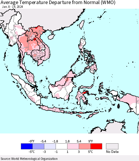 South East Asia Average Temperature Departure from Normal (WMO) Thematic Map For 1/8/2024 - 1/14/2024