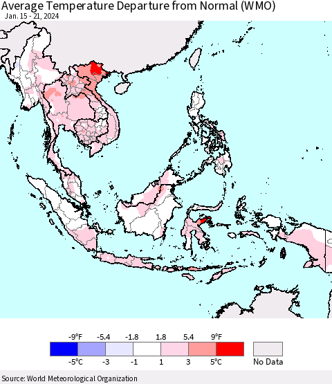 South East Asia Average Temperature Departure from Normal (WMO) Thematic Map For 1/15/2024 - 1/21/2024