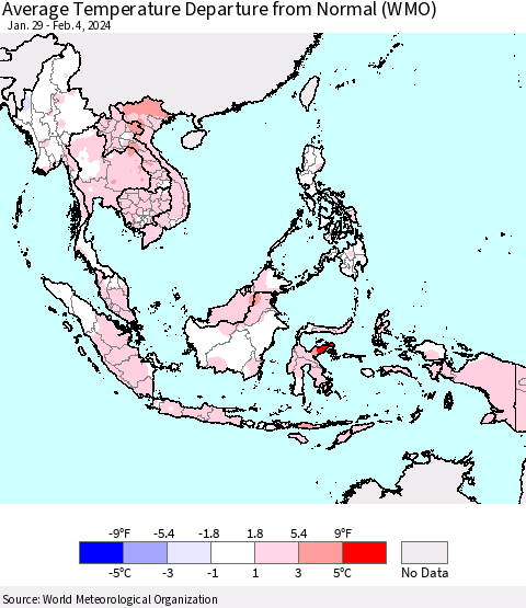 South East Asia Average Temperature Departure from Normal (WMO) Thematic Map For 1/29/2024 - 2/4/2024