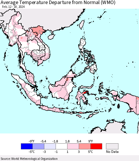 South East Asia Average Temperature Departure from Normal (WMO) Thematic Map For 2/12/2024 - 2/18/2024