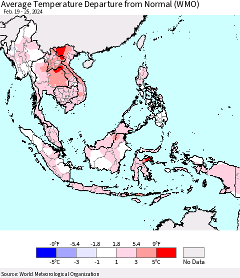 South East Asia Average Temperature Departure from Normal (WMO) Thematic Map For 2/19/2024 - 2/25/2024