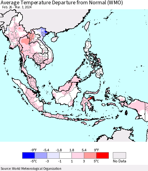 South East Asia Average Temperature Departure from Normal (WMO) Thematic Map For 2/26/2024 - 3/3/2024