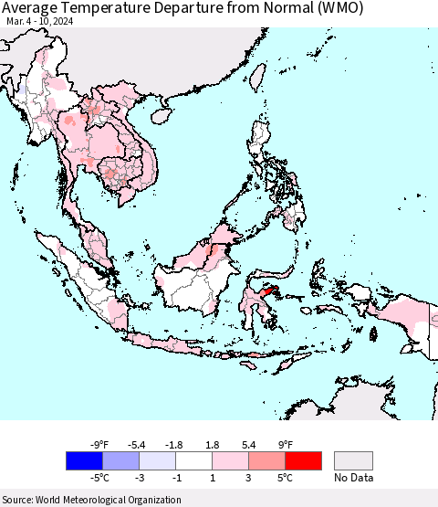 South East Asia Average Temperature Departure from Normal (WMO) Thematic Map For 3/4/2024 - 3/10/2024