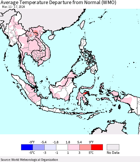 South East Asia Average Temperature Departure from Normal (WMO) Thematic Map For 3/11/2024 - 3/17/2024