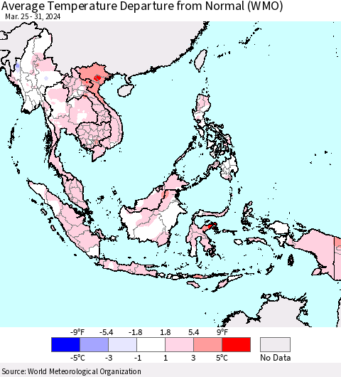 South East Asia Average Temperature Departure from Normal (WMO) Thematic Map For 3/25/2024 - 3/31/2024