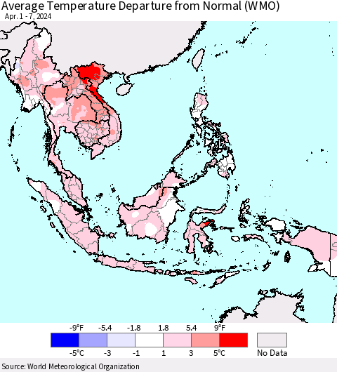 South East Asia Average Temperature Departure from Normal (WMO) Thematic Map For 4/1/2024 - 4/7/2024