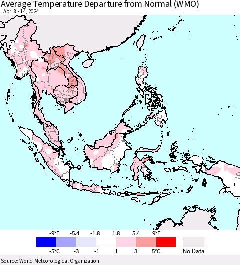 South East Asia Average Temperature Departure from Normal (WMO) Thematic Map For 4/8/2024 - 4/14/2024