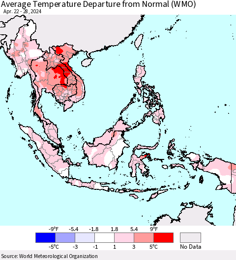 South East Asia Average Temperature Departure from Normal (WMO) Thematic Map For 4/22/2024 - 4/28/2024